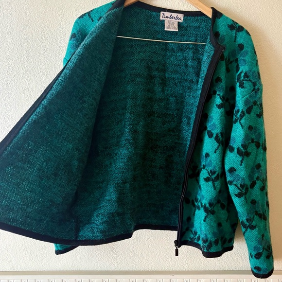 Vintage Timberlea 100% Wool‎ Zip Front Green & Black Floral Cardigan Sweatee - Picture 8 of 11
